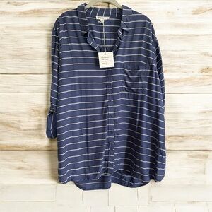 Beachlunchlounge Jackie Denim‎ Striped Long Tab Sleeve Button Down Shirt XL NWT